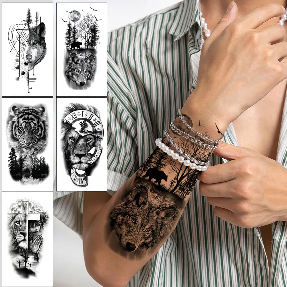5Pcs Animal Pattern Tattoo Stickers Half Arm Water Transfer Stickers Wolf Tiger Lion Temporary Tattoos Body Decals