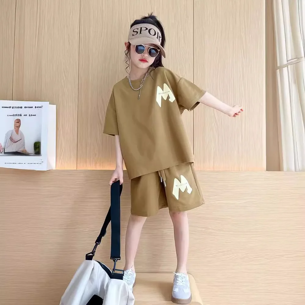 2026 Summer Girls Alphabet T-Shirt Tops+Drawstring Shorts Pant Workout Sets School Kids 2PCS Tracksuit Children Jogging Outfit