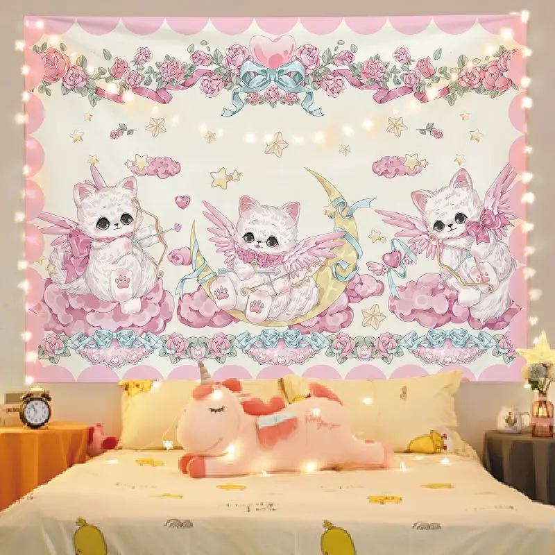 VIKAMA Lace Party Rabbit Bear Tapestry, Vintage Lace Carousel Cute Pet Cartoon Wall Hanging for Bedroom Living Room Decor