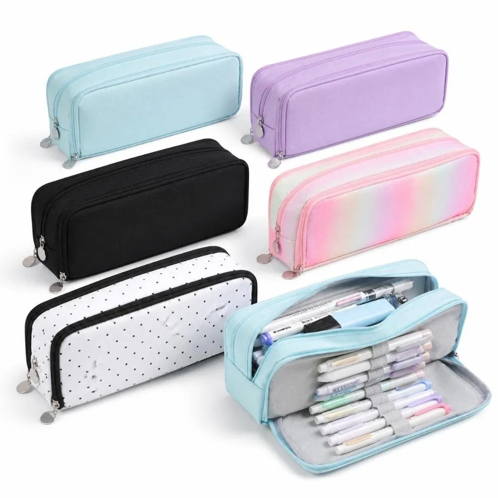 Canvas Material Pencil Pouch 4 Compartments Large Capacity Stationery Holder Bag Multi-Function Zipper Closure Storage Organizer