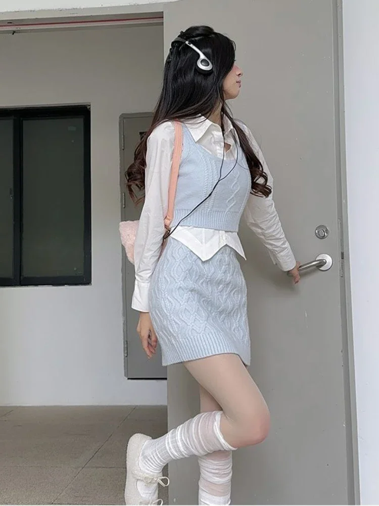 2024 Spring Elegant Knitted Suits Women Even Party Clothing Korean Style 3 Piece Dress Set Office Lady Sweater Vest + Mini Skirt