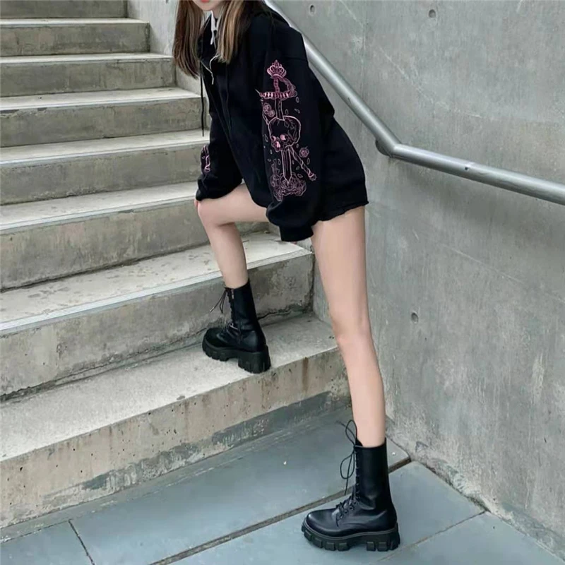 Punk Graphics Print Zipper Hoodie Vintage Black Loose Sweatshirt Casual Streetwear Y2K Clothes Vintage Jacket Long Sleeve Tops image 5