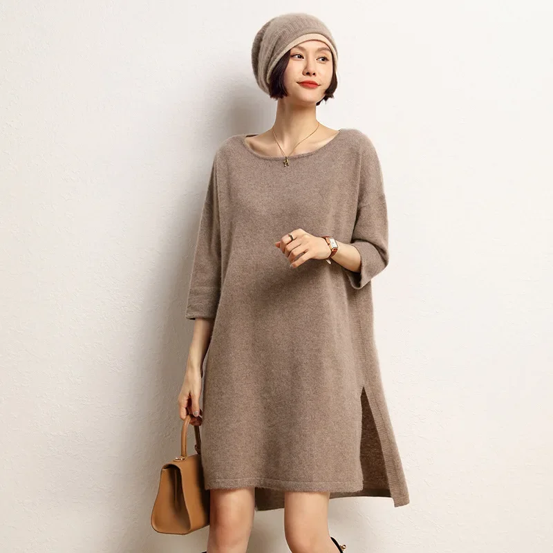 2024 Women's Fashion Autumn/Winter New Soft 100% Cashmere Loose Lazy Style Round Neck Solid Color Side Split Knitted Dress