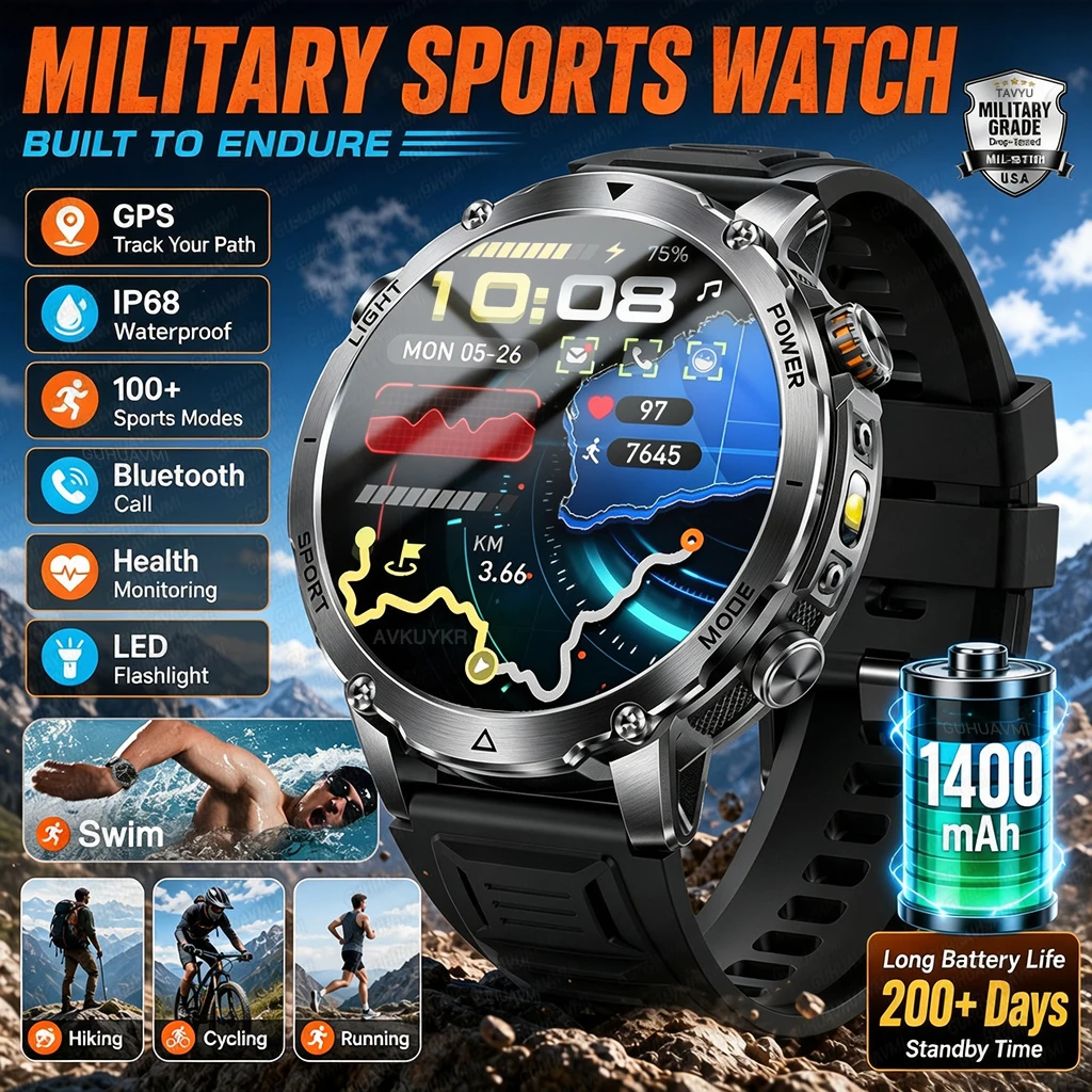 

1400mAh GPS Smart Watch Men 200+Days Standby IP68 Waterproof Swimming Outdoor Military Sport Watch BT Call Flashlight Smartwatch
