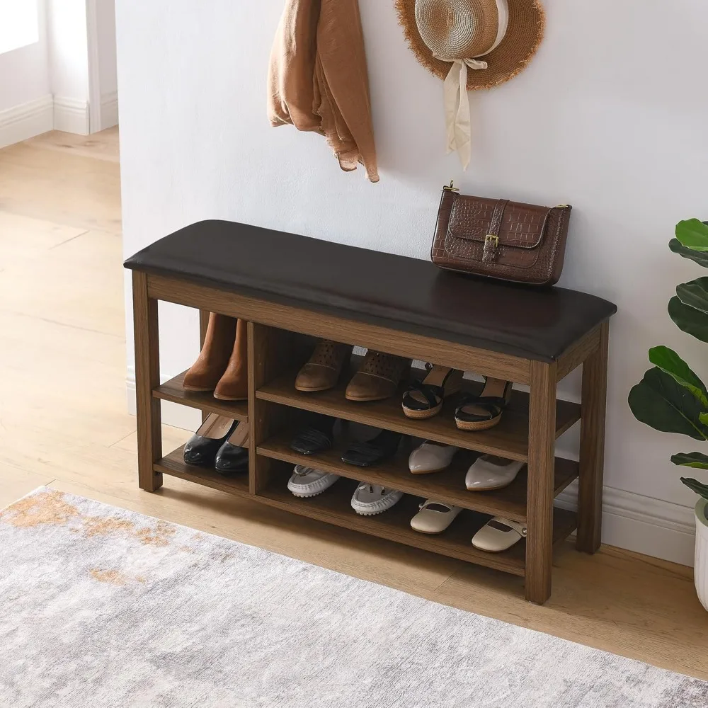 Banco de zapatos de altura ajustable: taburete moderno de almacenamiento de entrada de madera de caucho con asiento de cuero PU y compartimento oculto