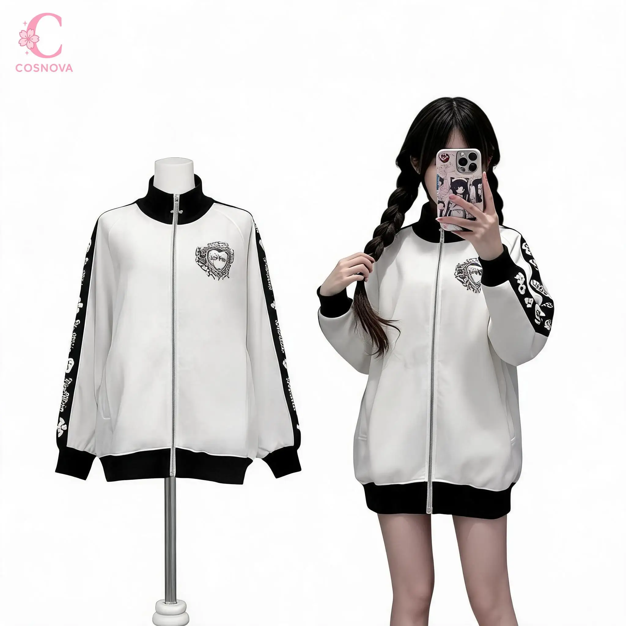 Gothic Rock Hip Hop Harajuku Loose Fit Stand Collar Zip Up Women Jackets Bat Wing Crossprint Embroidery Streetwear Daily Autumn