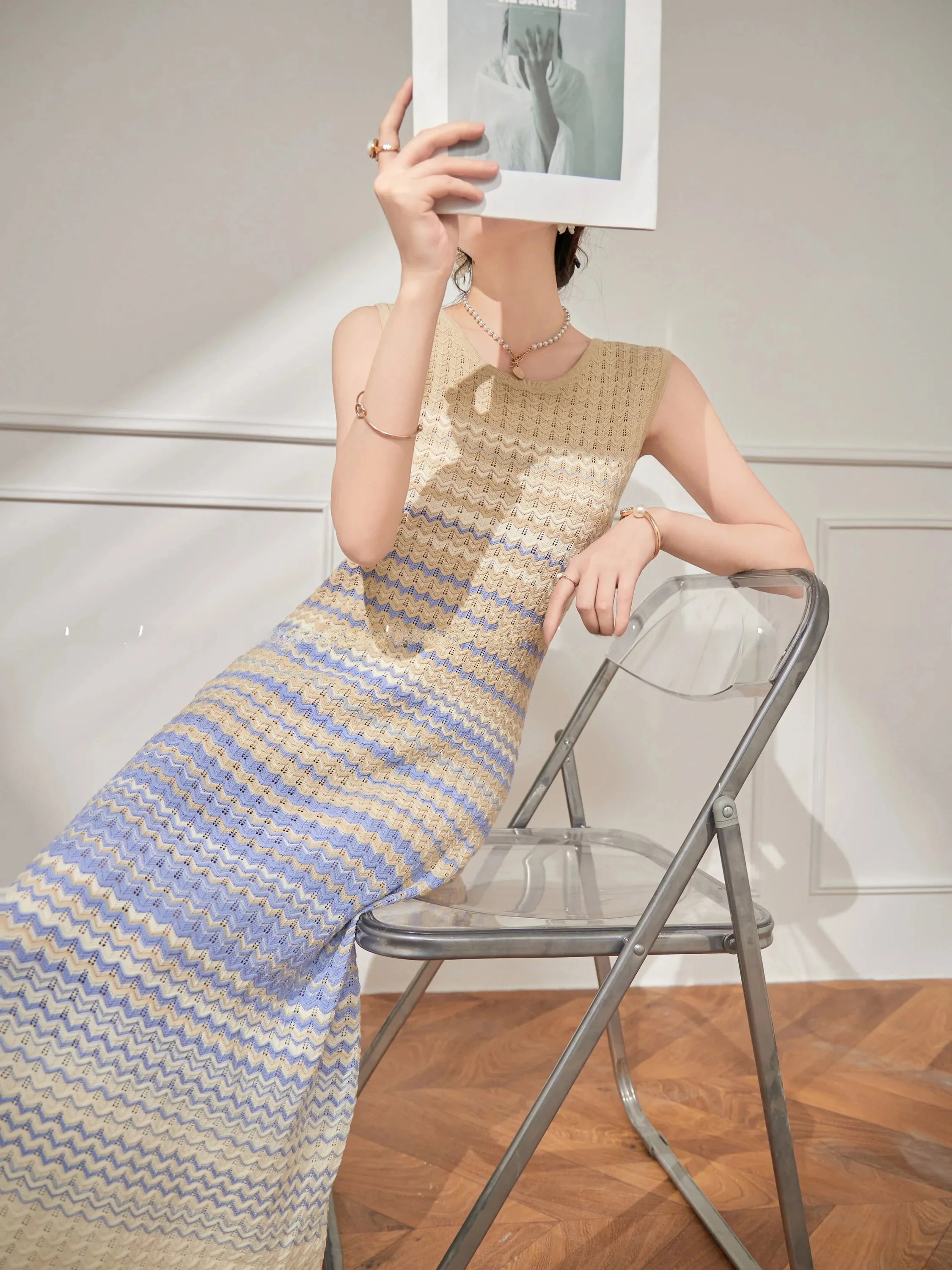 

Lulu Knitted Gradient Wave Stripe Hollow out Vest Skirt Elegant Vacation Style Summer Long A-Line Dress Casual Commute Wind