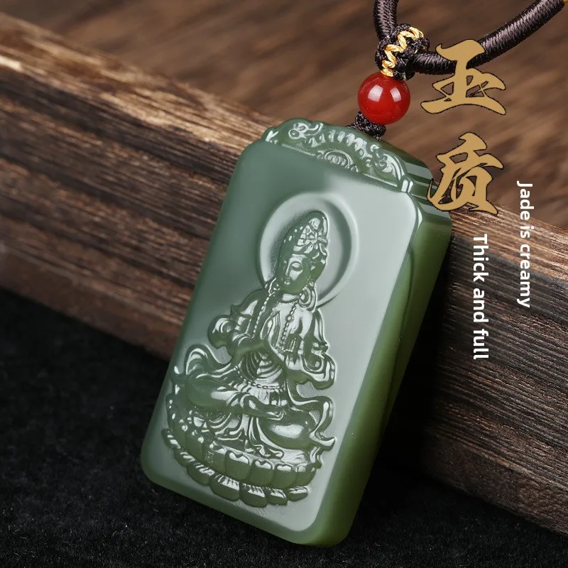 Chinese Traditional Auspicious Natural Hetian Jade Lake Green Guanyin Pendant Unisex Carved Amulet Necklace For Blessing Good
