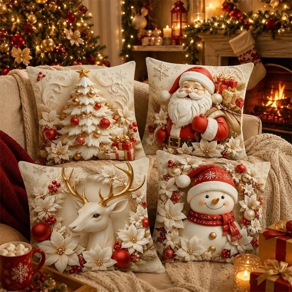 Soft Christmas Pillow Cover Santa Claus Elk Deer Xmas Tree Pillowslip Bowknot Bell 45cm 17.72in Throw Cushion Case Winter Decor