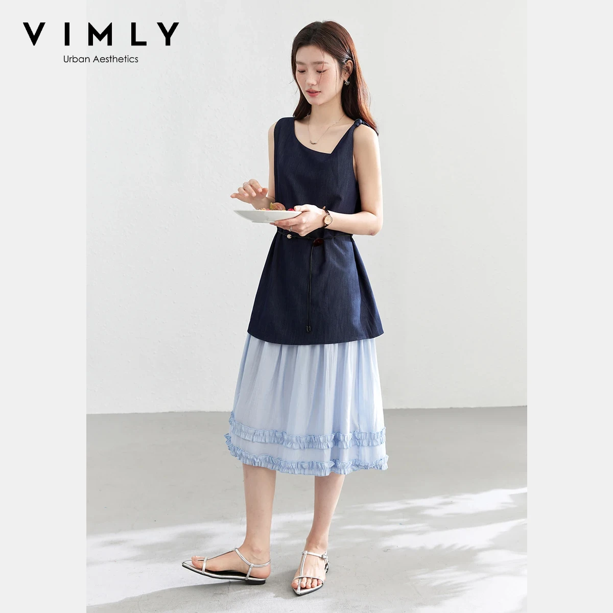 VIMLY Casual Color Block Sleeveless Dress Women Asymmetrical Front Faux Layered Double Layer Ruffle Hem Straight Dress 30837