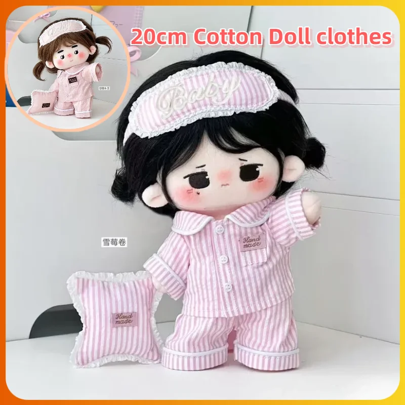 20cm Pink Cotton Doll Pajamas Set Autumn New Style Home Wear Outfit Replacement For Plush Dolls With Eye Mask And Mini Pillow