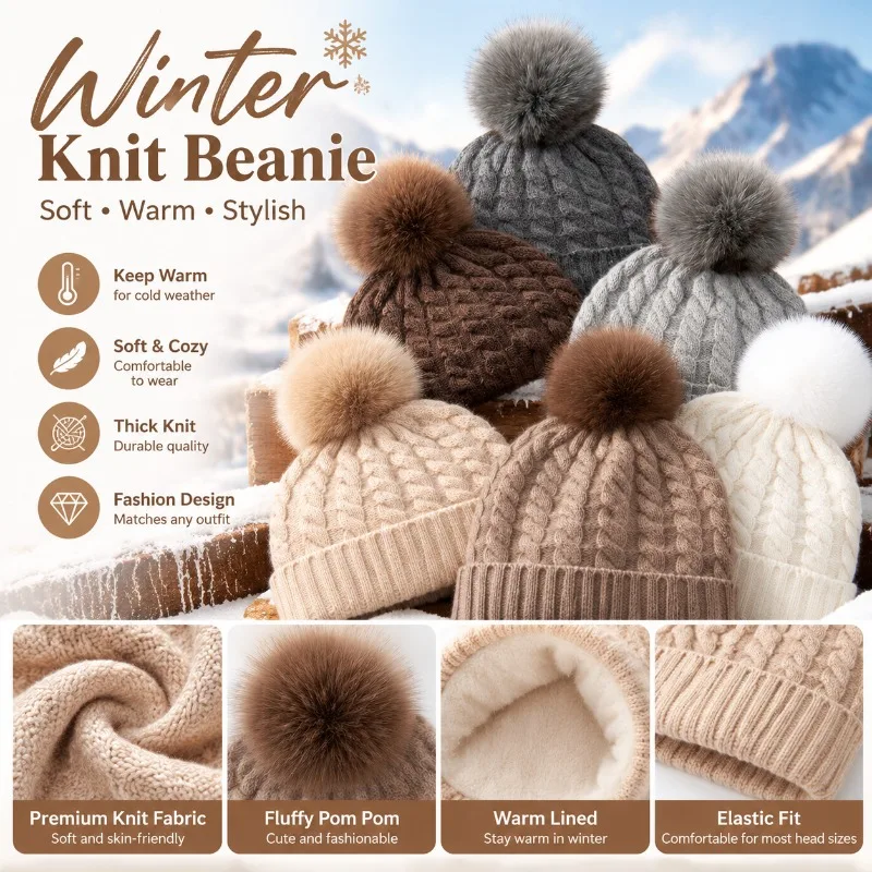 Women Winter Knit Beanie Soft Twist Pattern Warm Thick Hat with Removable Fur Pom Pom Ear Protection