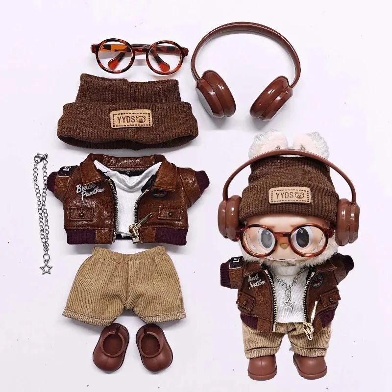 Retro motorcycle wind doll coat pants children's hats headphones glasses 15-17cm rag plush blind box doll dress up accessories