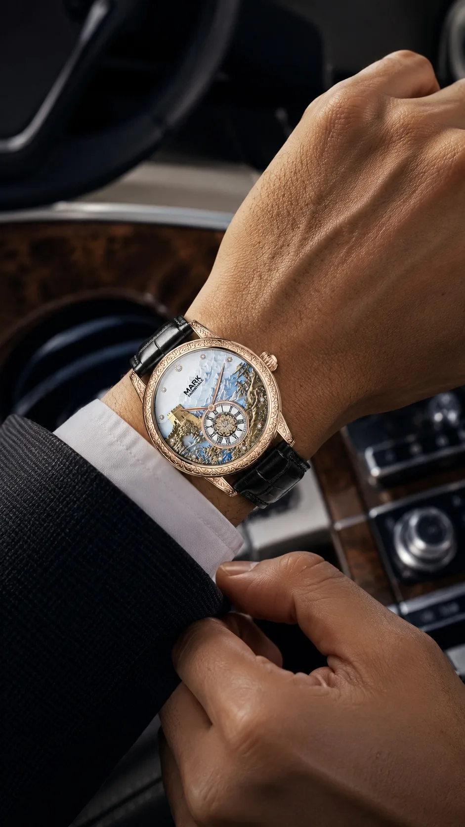Men's Automatic Great Wall Mechanical Watch Luminous Skeleton Two Hands Small Second Sub Dial 30M Water Resistant 43MM Large Dia