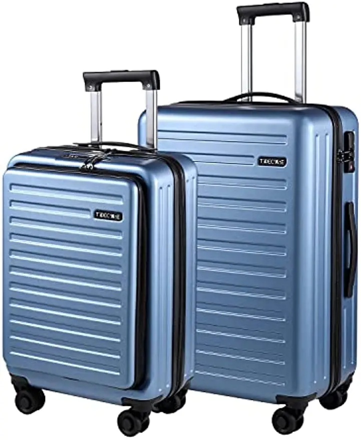 Ensemble de bagages avec poche avant pour ordinateur portable, coque rigide extensible et légère, ABS et PC, serrure TSA, roues tournantes, bleu, 20, 20/24