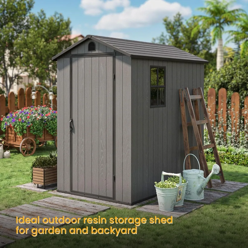 4 x 6 FT Plastic Shed for Outdoor Storage, Resin Shed with Window and Lockable Door for Garden, Backyard, Tool Storage