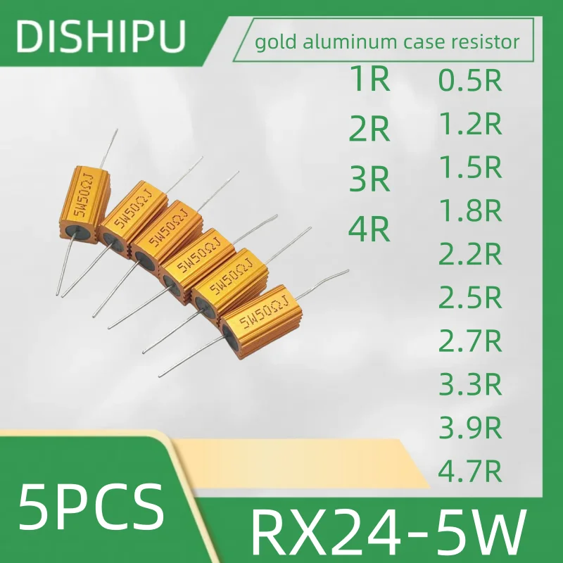 5PCS RX24-5W gold aluminum case resistor 0.5R 1R 1.2R 1.5R 1.8R 2R 2.2R 2.5R 2.7R 3R 3.3R 3.9R 4R 4.7R