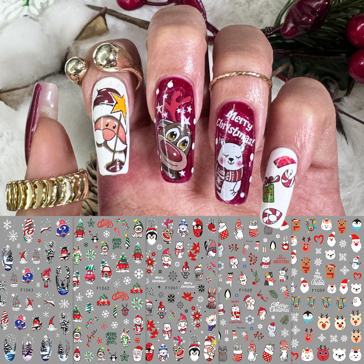 5 Stück Winter-Weihnachtsglitzer-Nagelkunstaufkleber, einfache Anwendung für Nageldekoration, Heimwerken, Geschenke, Party-Make-up-Styling