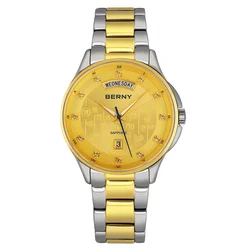 BERNY Golden Watches for Men Luminous Date Weeks Sapphire Quartz Men Watch Good Fortune and Blessings for Friend Father Gift