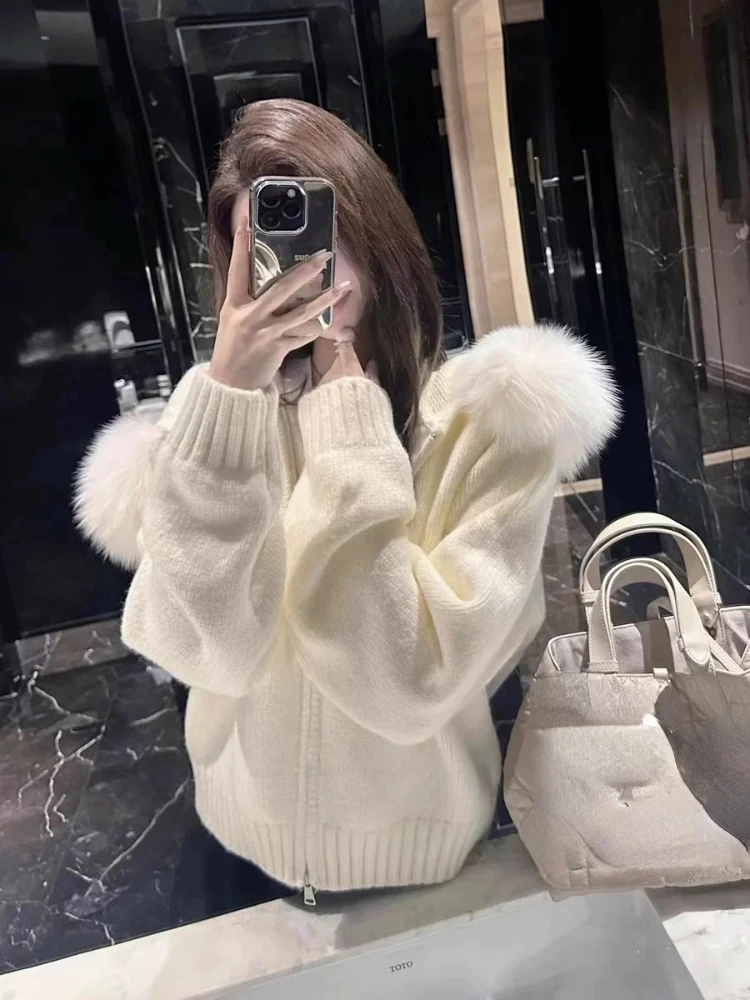 Winter Faux Fur Knitted Sweater with Hooded Woman Zipper Casual Long Sleeve Cardigan Coats Outwear Fashion Warm Jumper Vintage