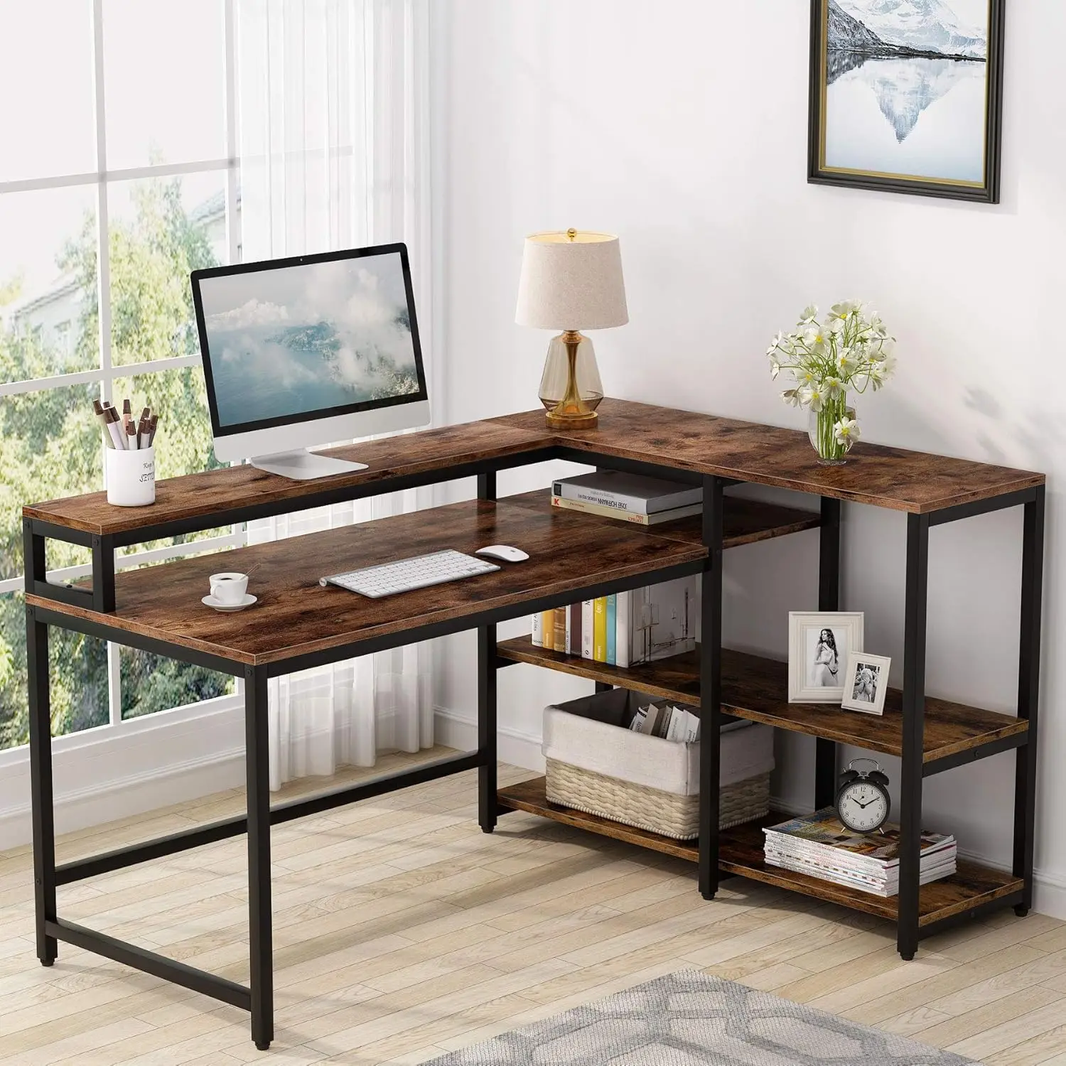 

Tribesigns 55 Inch Reversible L Shaped Computer Desk with Storage Shelf, Industrial Corner Desk with Shelves and Monitor Stand