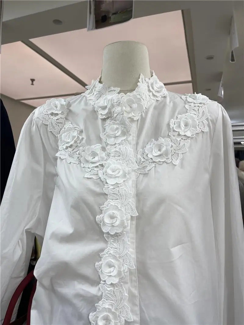 Korean Fashion 3d Flower Stand Collar White Shirts Slim Long Sleeve Blouse Solid Color All Matching Elegant Floral Tops Commute