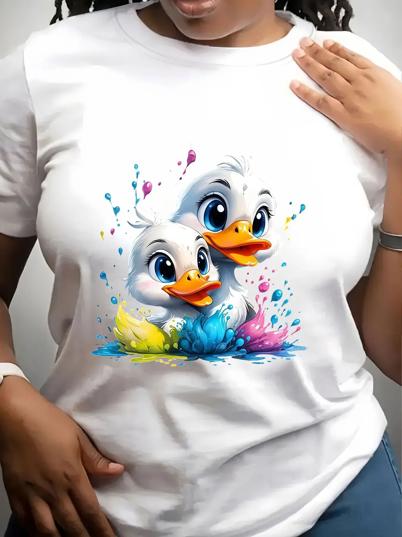 Women's Trendy Crew Neck T-Shirt Cute Ducks with Colorful Splash Suitable for Casual Sportswear