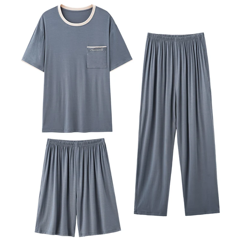 3 Piece Set O-Neck Tops+Shorts+Long Pants Summer Casual Fashion Modal Short Sleeve Pajamas Set for Men Sleepwear Homewear