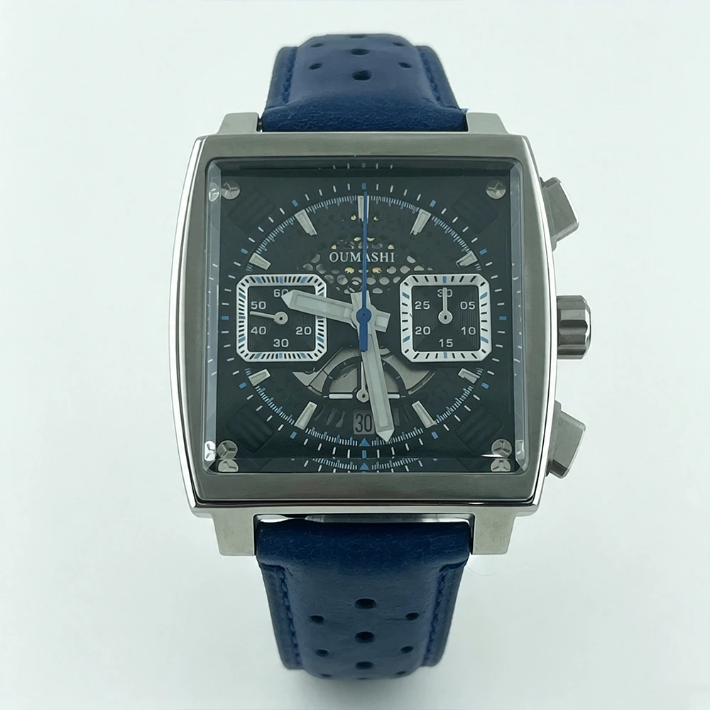 Men Square Skeleton Automatic Watch 7750 Chronograph Movement Sapphire Crystal Blue Racing Perforated Leather Strap Wrist Watch