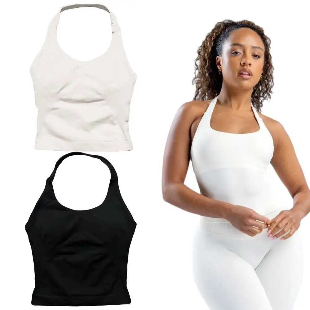 Seamless Knit Neck-hanging Exercise Vest Open Back Design High Elasticity Sports Bra Tank Top Padded Support Breathable