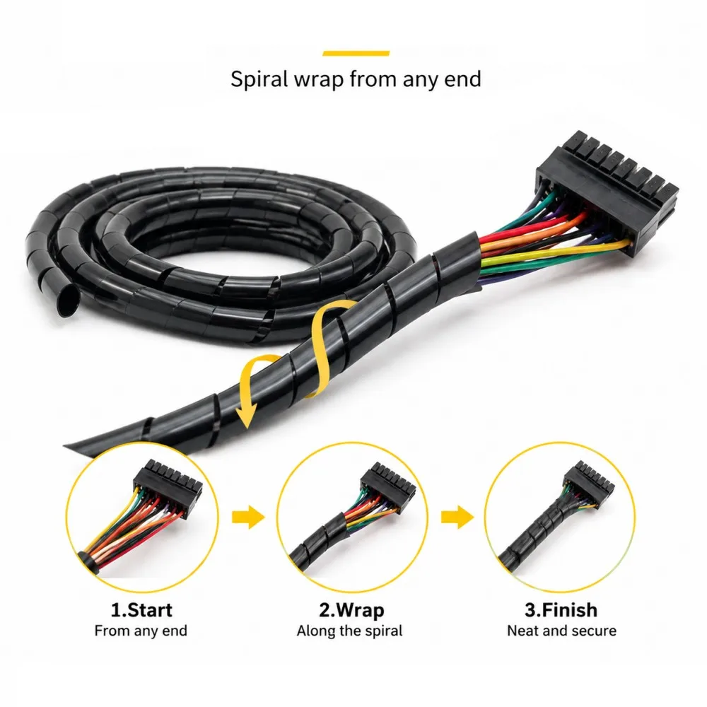 A Pack of Black Cable Sleeve Winding Pipe Spiral Wrapping Wire Organizer Sheath Tube ID 4-30mm Plastic Tape Management Protector