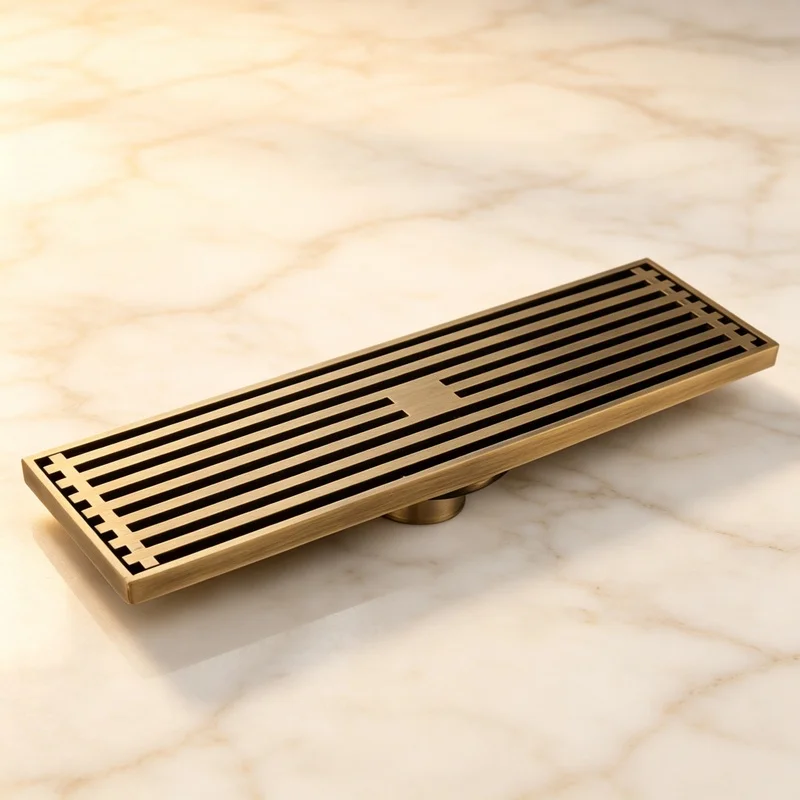 Solid Copper Floor Drain Cover 8x30CM Antique Brass Shower Waste Drainer Bathroom Strain