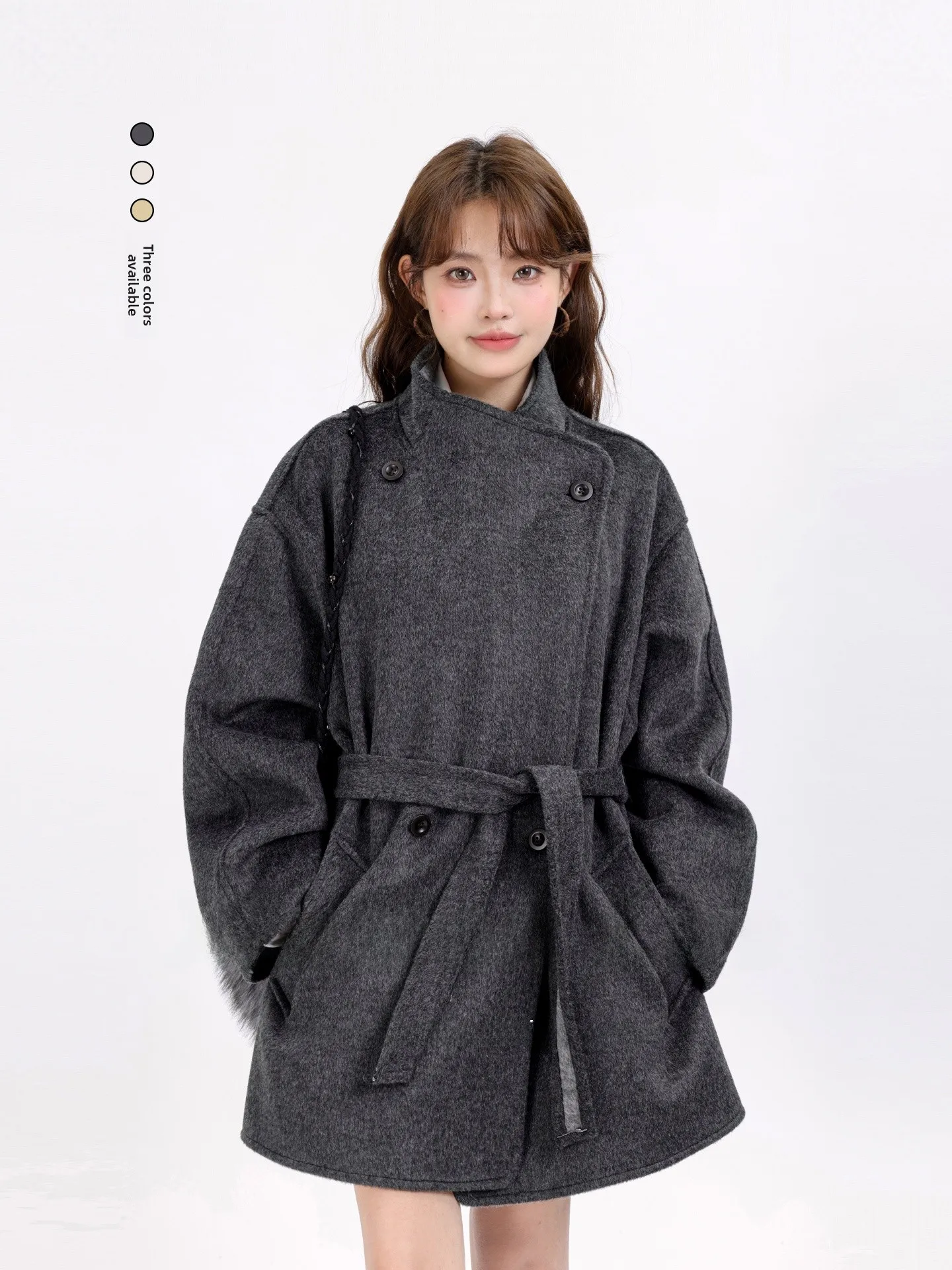 

Винтажное двубортное твидовое пальто Laid-ba с воротником-стойкой, осенне-зимнее, средней длины, в корейском стиле, свободного кроя, женское