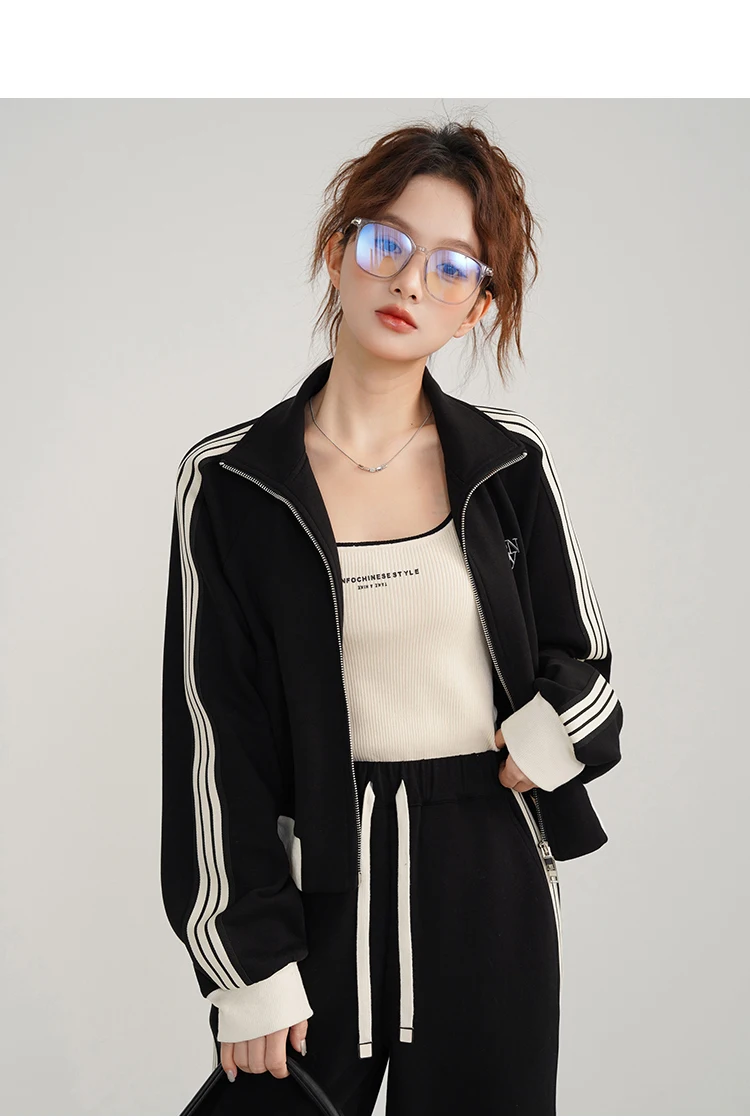 Vintage Sportliche Casual Schwarz Weiß Kontrast Zip Jacke Frühling Herbst Slim Fit Gestreiften Track Top Mode Sportliche Oberbekleidung Frauen