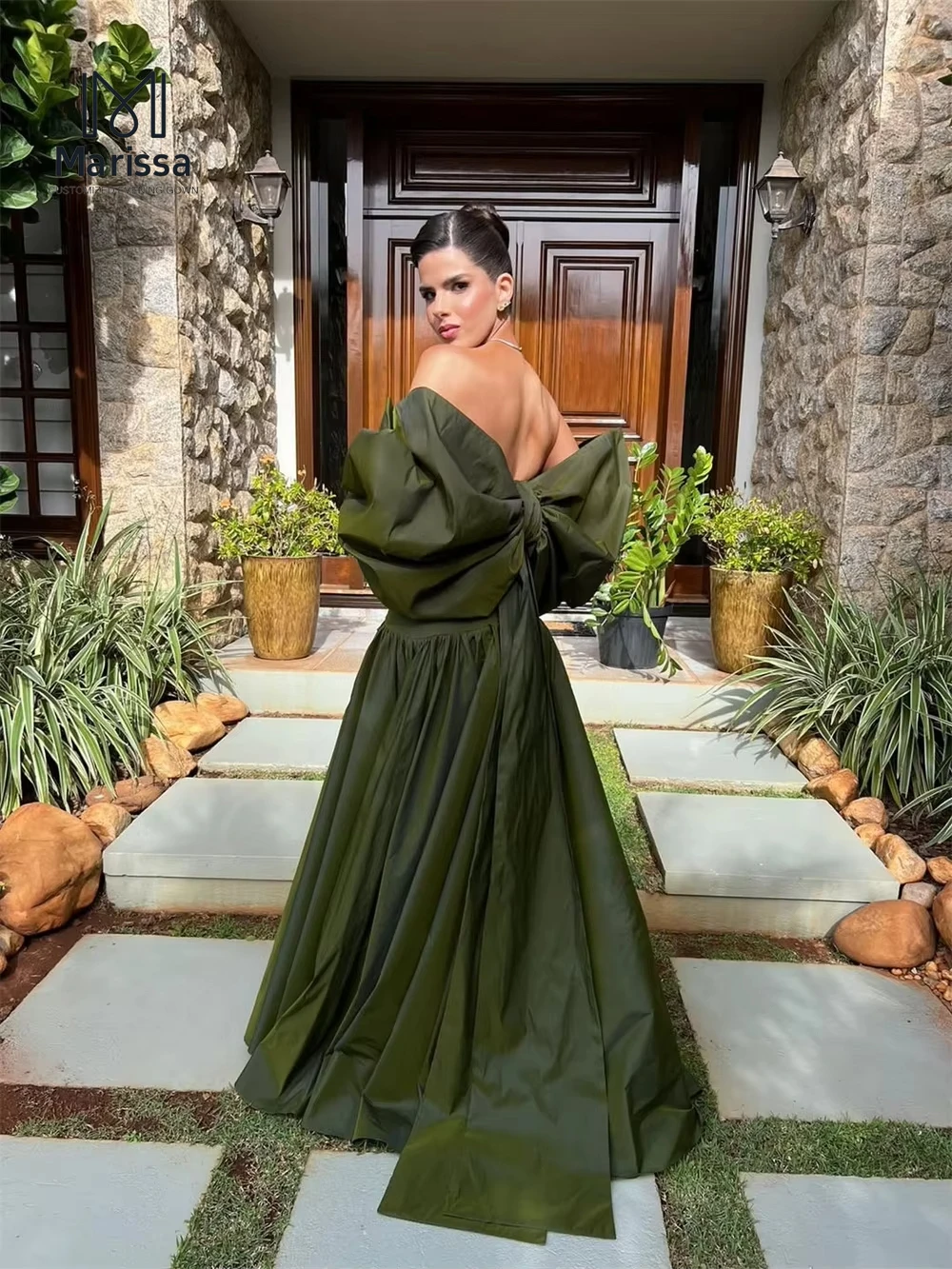 マリッサ オフショルダー サテン イブニングドレス 高級パーティー カスタムメイド プロムドレス ラインA ボールガウン 取り外し可能パフスリーブ 2025