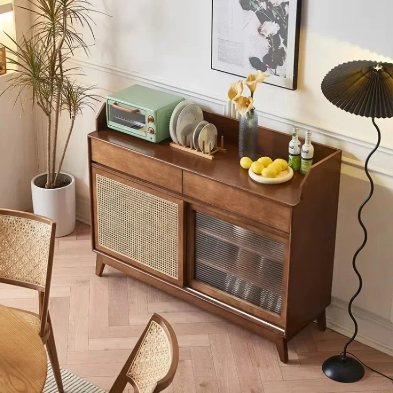 

Solid wood sideboard with woven rattan door wood coffee bar kitchen locker
