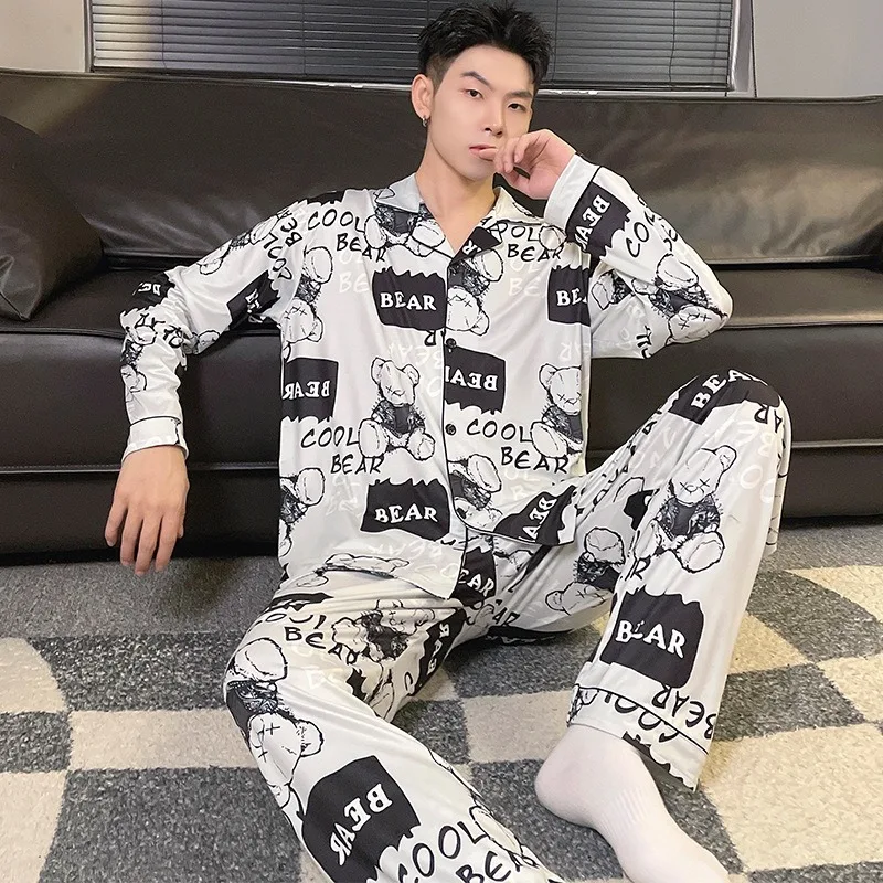 Large Size Men Pajamas Set Korean Version of Pajamas Student Loungewear Cartoon Bear Simple Sleepwear Homewear Tops and Pants