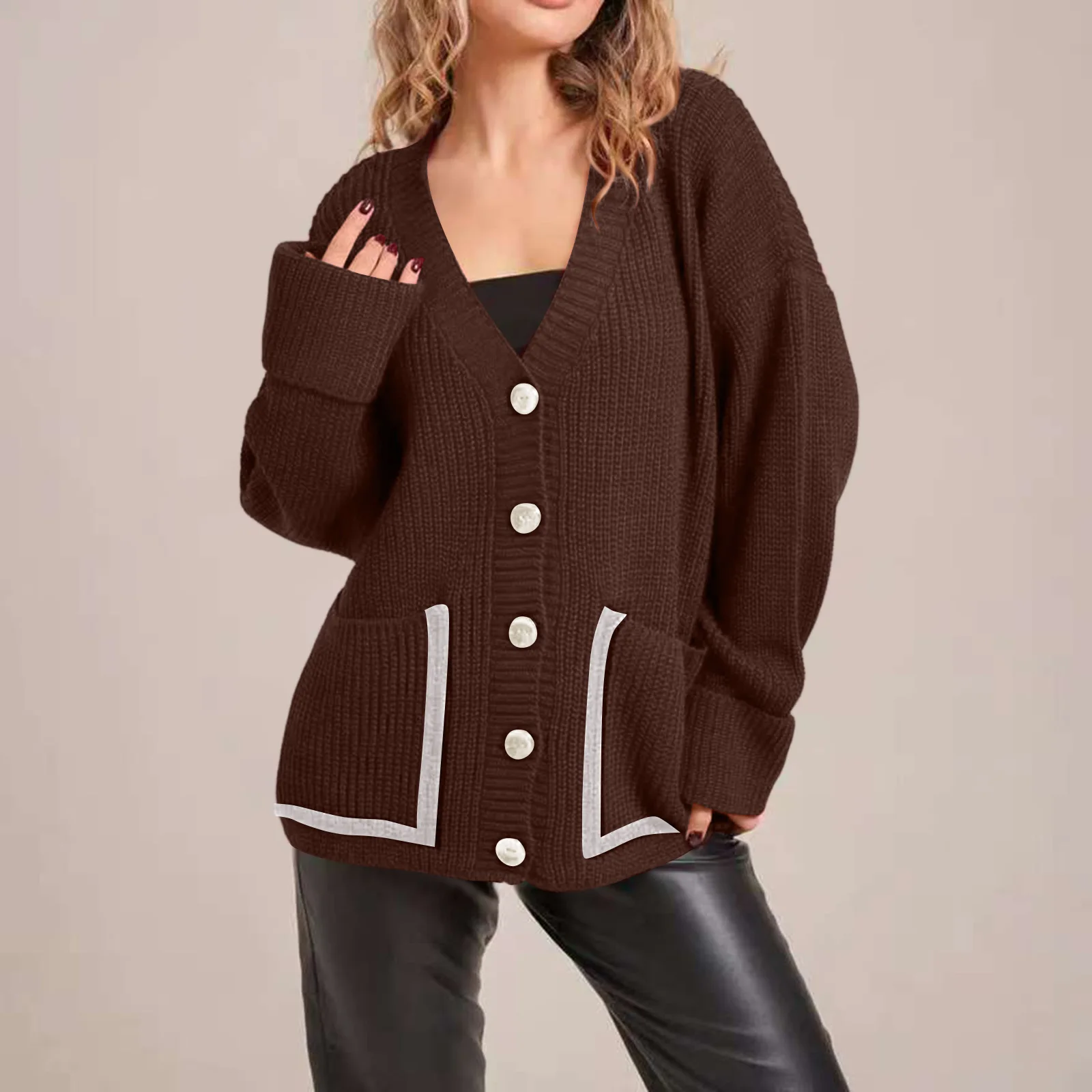 

Autumn Women's Loose Knitted Cardigans Sweaters Coat V-Neck Long Sleeve Pocket Fashion Contrast Color Knitted Sweater Jacket