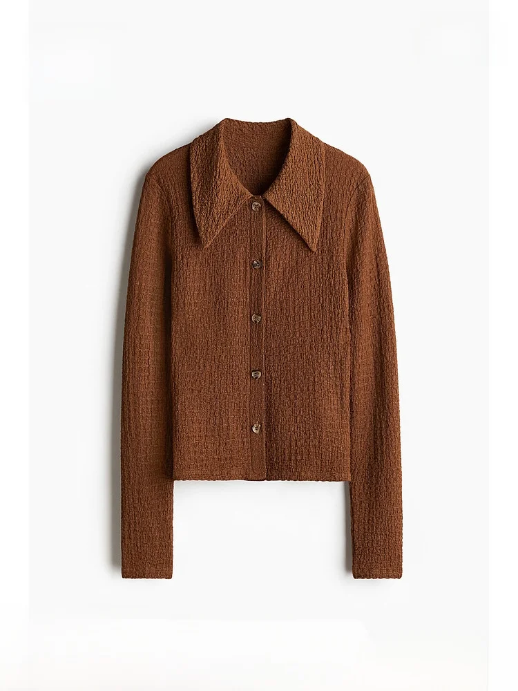 

Casual Faion Slim Fit Pleated Women's irt H&M Winter Collection 2025 Long Sve Flip Collar Pure Color Polyester Spandex