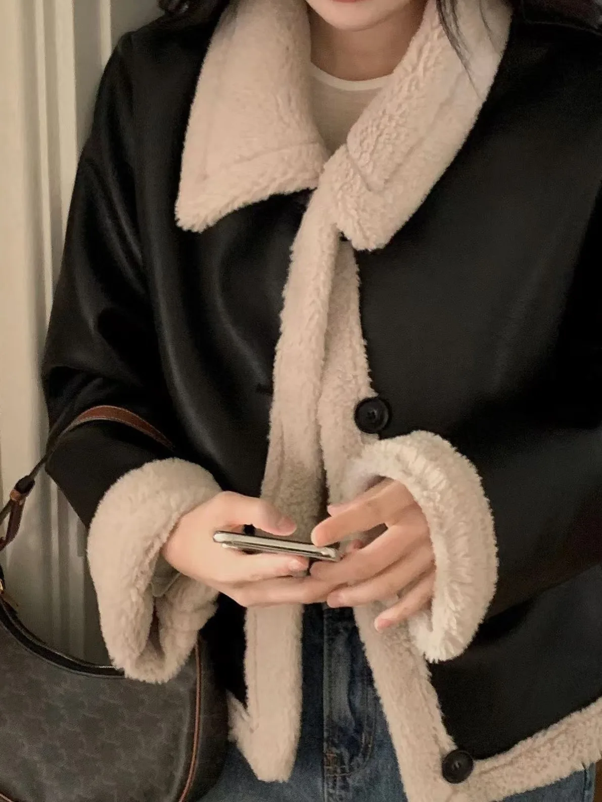 Sli Retro PU cuero Jaet abrigo de mujer piel intercalada ropa de motocicleta invierno nuevo tamaño pequeño Jaet Top