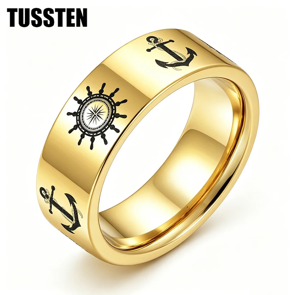 

TUSSTEN6/8MM tungsten Carbide Wedding Ring for men and women, laser engraved boat anchor and rudder, comfortable fit