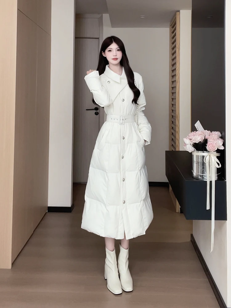 

Ele Korean Sle Women's Cotton Jaet Mid-Length Waist-Cinching Turn-down Collar Coat Sli Outerwear for Winter