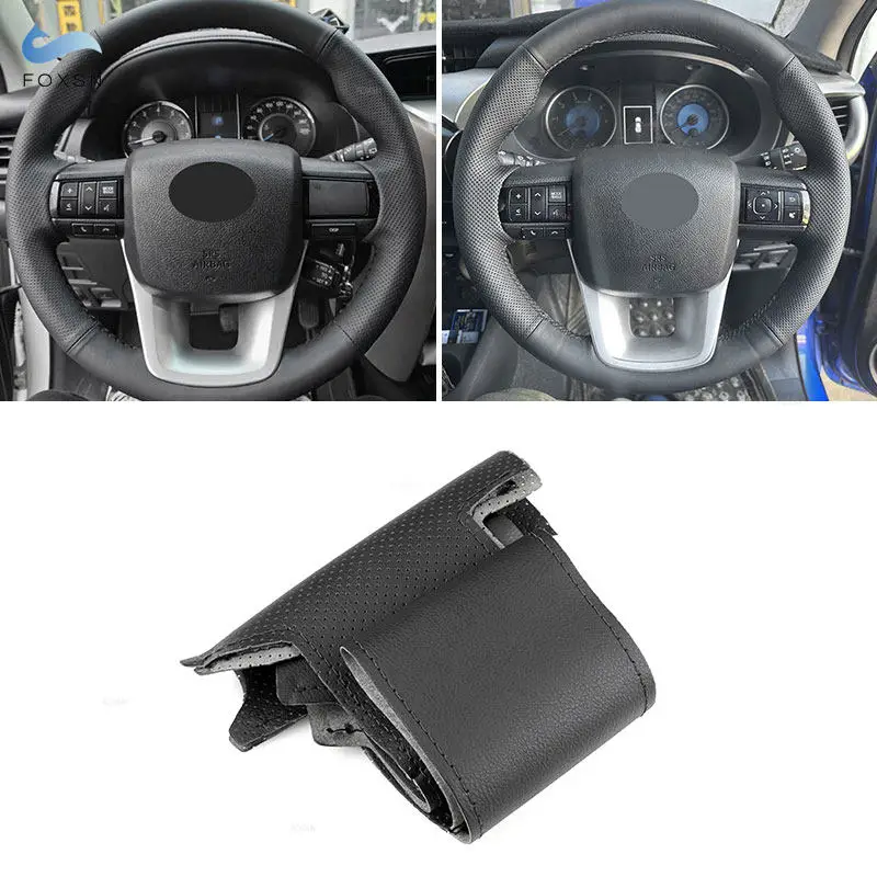 

Плетение на руль для Toyota Fortuner 2016-2019 Hilux 2015-2019, черный кожаный чехол с ручной прошивкой на руль автомобиля