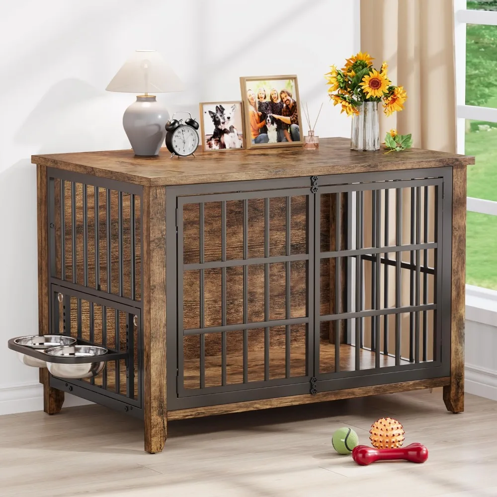 بيت كلب خشبي مقاس 37.7 بوصة داخلي مع 360 درجة °   وعاء تغذية بارتفاع دوار وقابل للتعديل، قفص كلب للطاولة ذو نهاية جانبية شديدة التحمل