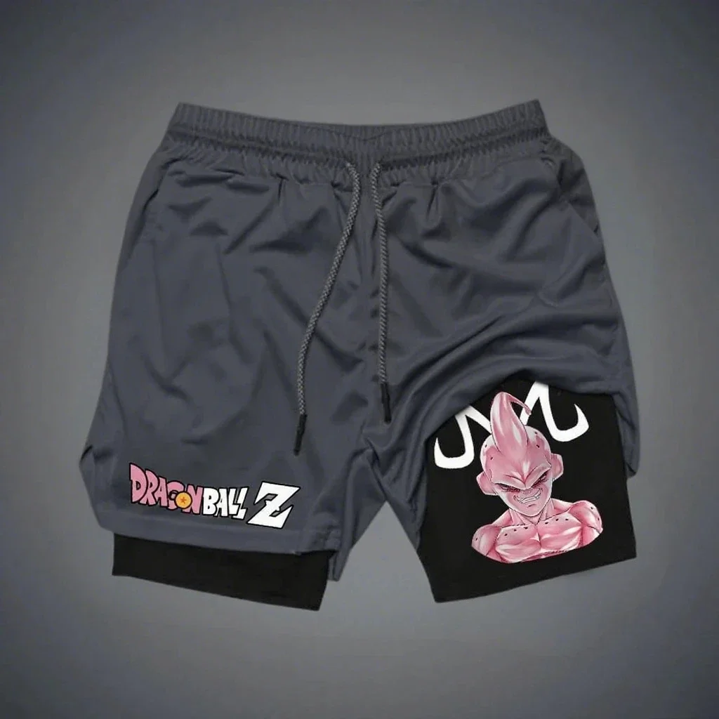 ドラゴンボール魔人アニメ男性ジムショーツ二重層パンツグラフィックプリント通気性速乾性夏スポーツウェアストリートウェア 2025