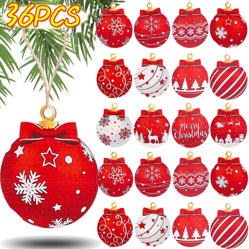 12/36PCS Christmas Wooden Pendants Red bow Christmas Ball DIY Xmas Tree Hanging Ornaments Set New Year Party Decoration Supplies