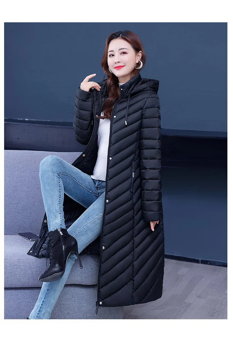 NEW Middle-aged Womens Down Cotton Coat Winter Long Warm Quilted Cotton Jacket Female Casual Hooded Parka Overcoat Purple 5XL