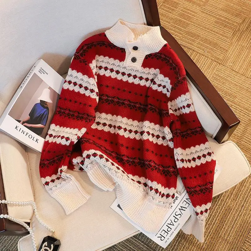 Pullover Sweater Female  Autumn/Winter 2023 Design Sense Small Crowd Loose New Year Red Christmas Sweater Women Pullover Tops