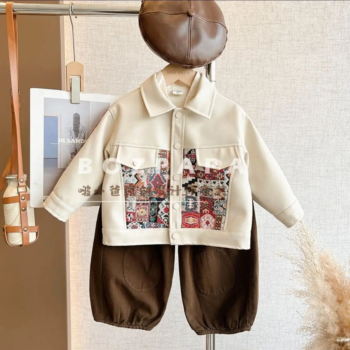 Baby Boys Children Suits Handsome Winter Kids Fashion casual Outdoor Leather Jacket Top Coat+Loose Pants 2Pcs Gentleman Suit