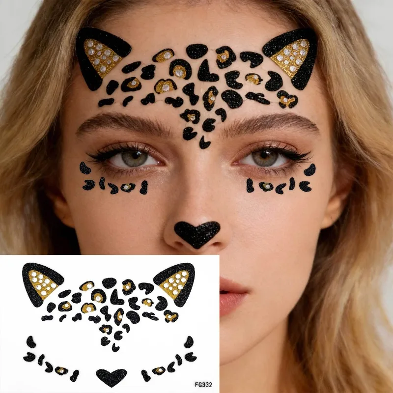 Animal Print Face Rhinestone Stickers Halloween Leopard Pattern Sparkling Crystal Gems Self-adhesive Cosplay Makeup Decor Shiny
